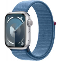 Apple Watch Series 9, 45 мм, корпус из алюминия серебристого цвета, спортивный ремешок цвета «ледяной синий»
